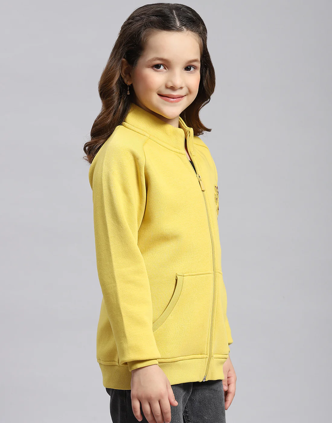 Girls Yellow Printed Stand Collar Full Sleeve Sweatshirt - Image 6