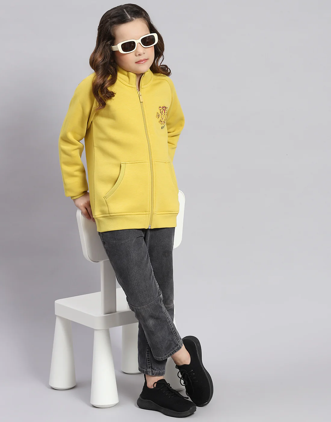 Girls Yellow Printed Stand Collar Full Sleeve Sweatshirt - Image 7