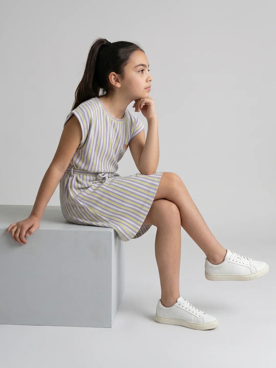 Girls Yellow Stripe Round Neck Half Sleeve Dress - Image 5