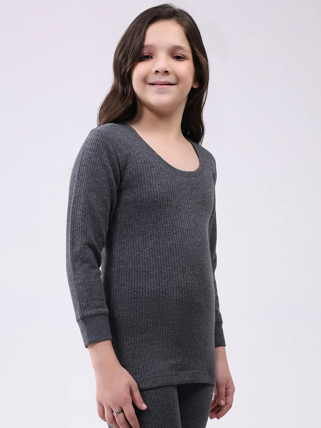 Kids-Unisex Charcoal Solid Round Neck Full Sleeve Thermal Vest - Image 4