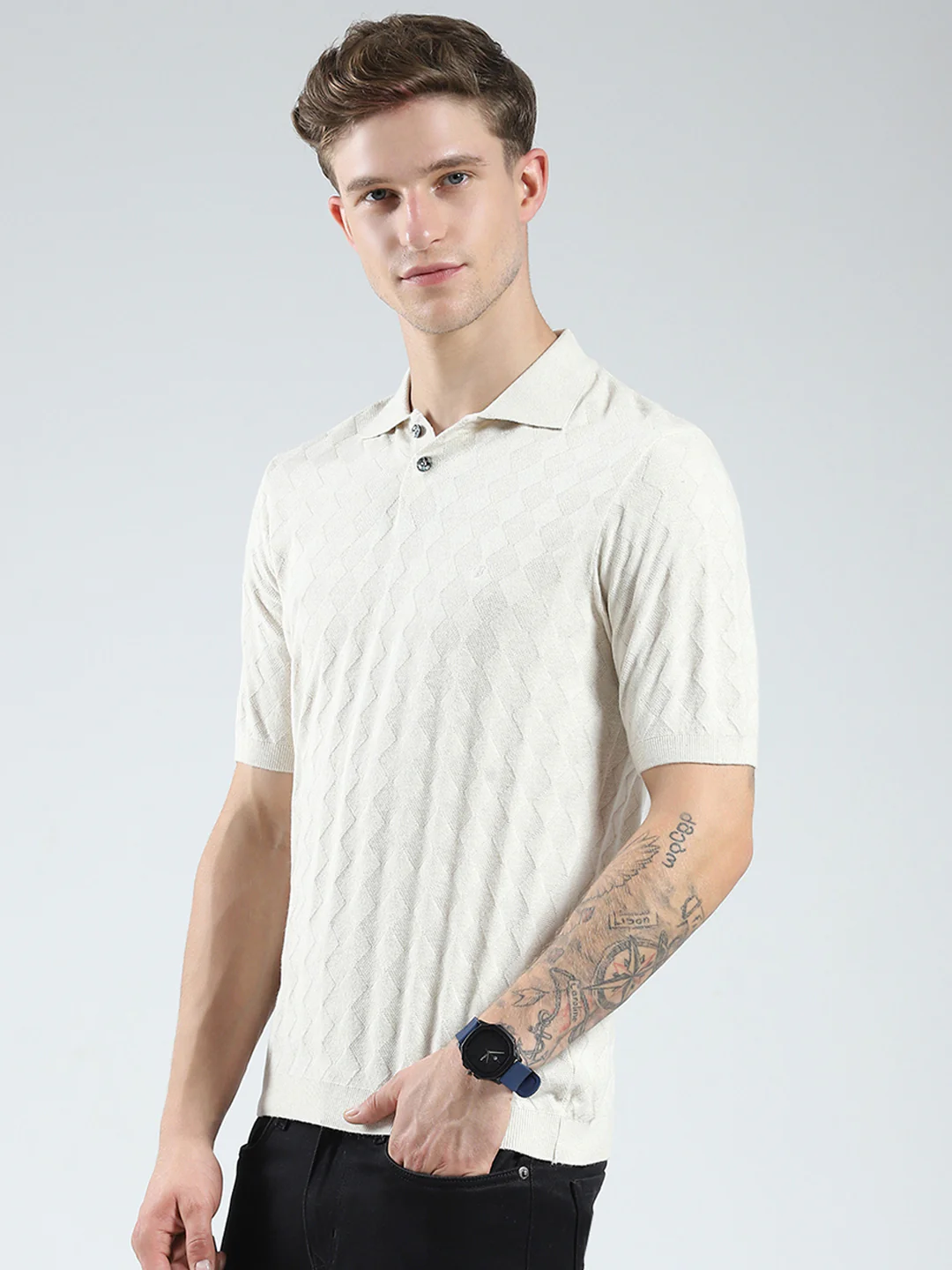 Luxuria Men Beige Self Design Collar Half Sleeve T-Shirt - Image 3