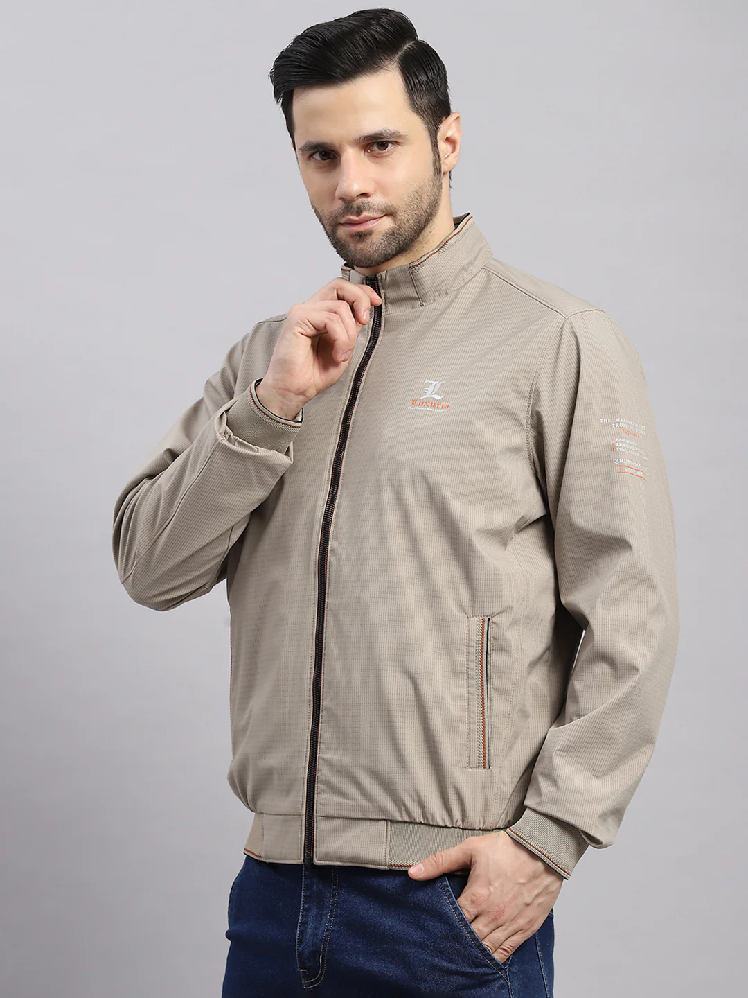 Luxuria Men Beige Solid Stand Collar Full Sleeve Jacket - Image 3