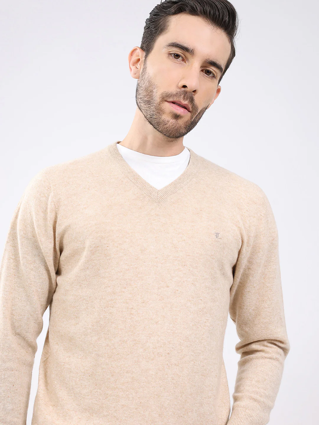Luxuria Men Beige Solid V Neck Full Sleeve Pullover - Image 6