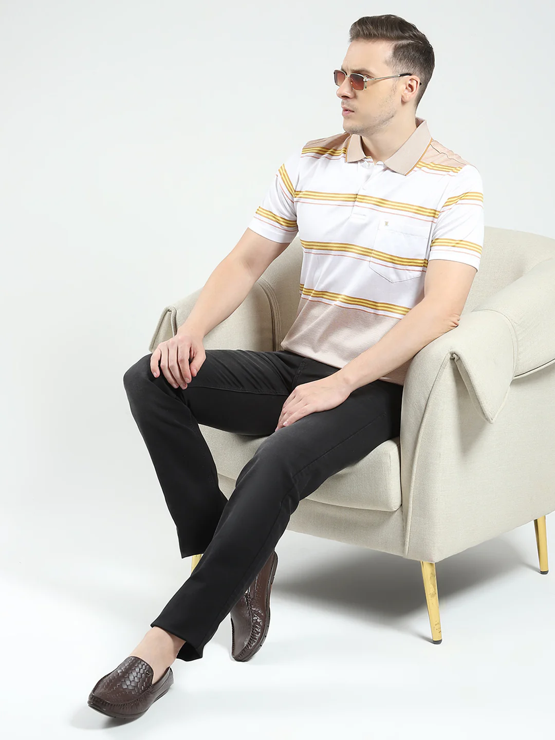 Luxuria Men Beige Stripe Collar Half Sleeve T-Shirt - Image 2