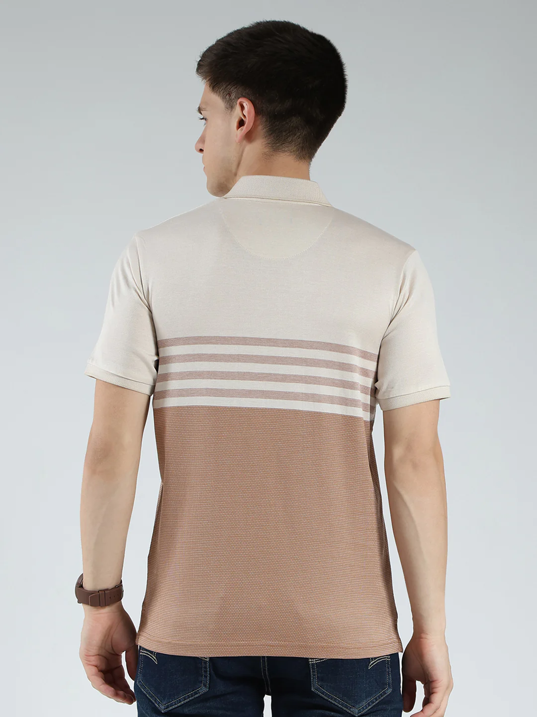Luxuria Men Beige Stripe Collar Half Sleeve T-Shirt - Image 5
