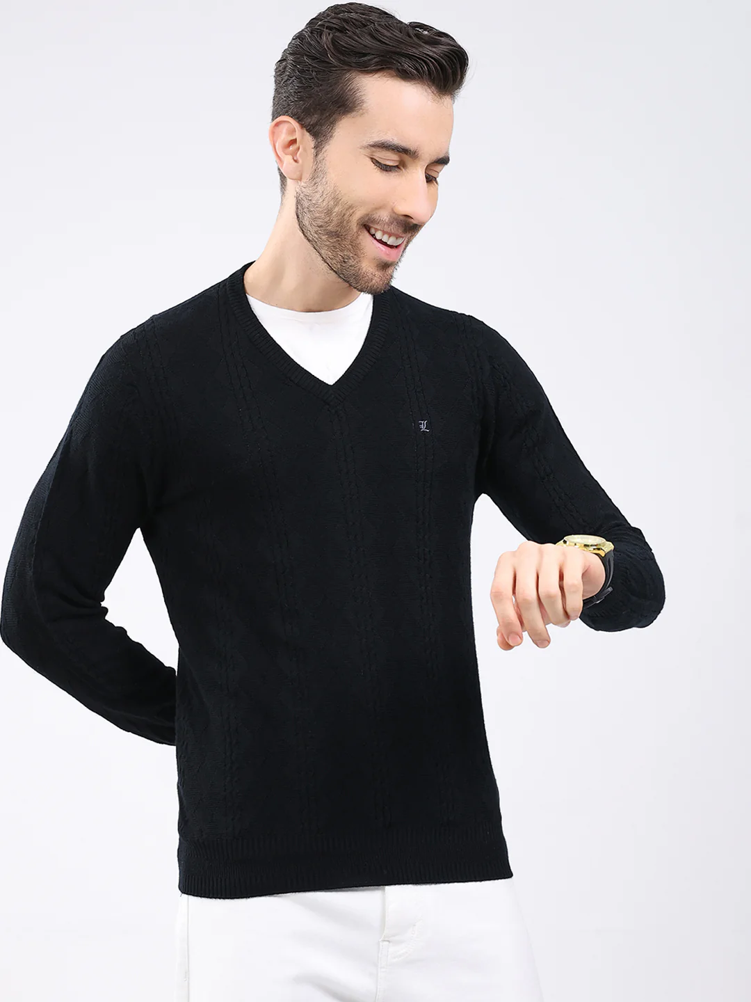 Luxuria Men Black Self Design V Neck Full Sleeve Pullover - Image 4