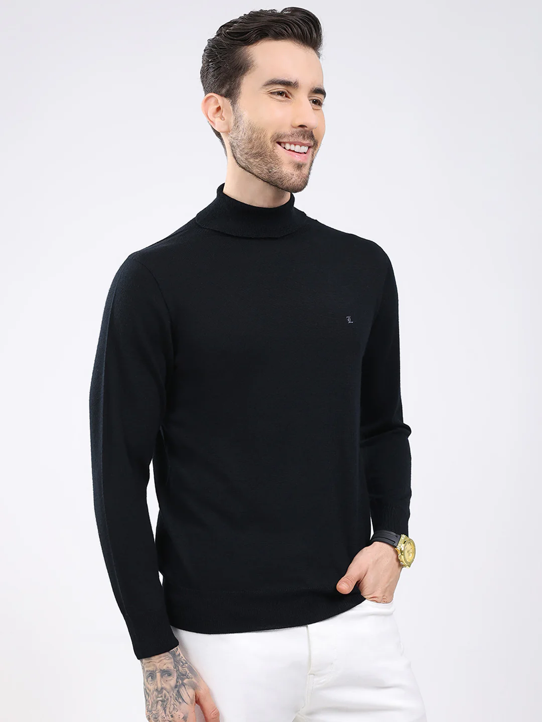 Luxuria Men Black Solid High Neck Full Sleeve Pullover - Image 4