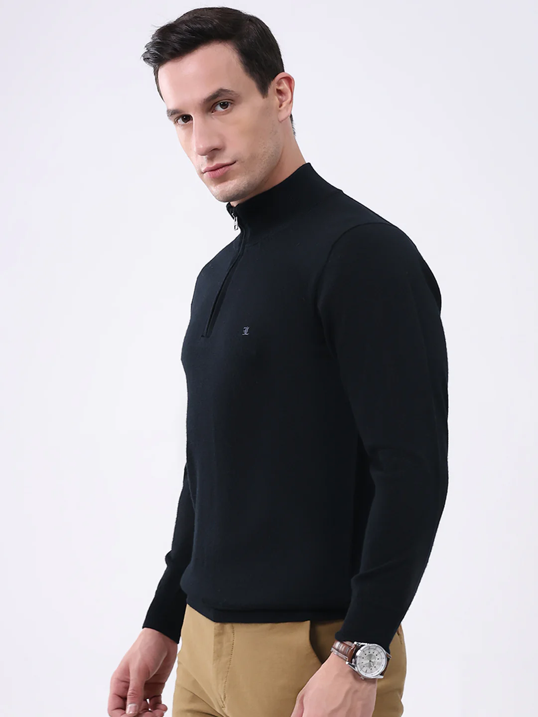 Luxuria Men Black Solid Mock Neck Full Sleeve Pullover - Image 3
