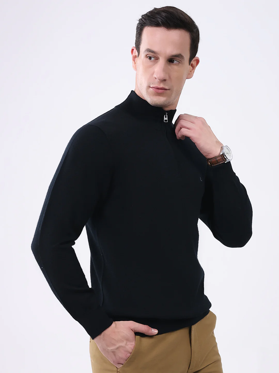 Luxuria Men Black Solid Mock Neck Full Sleeve Pullover - Image 4