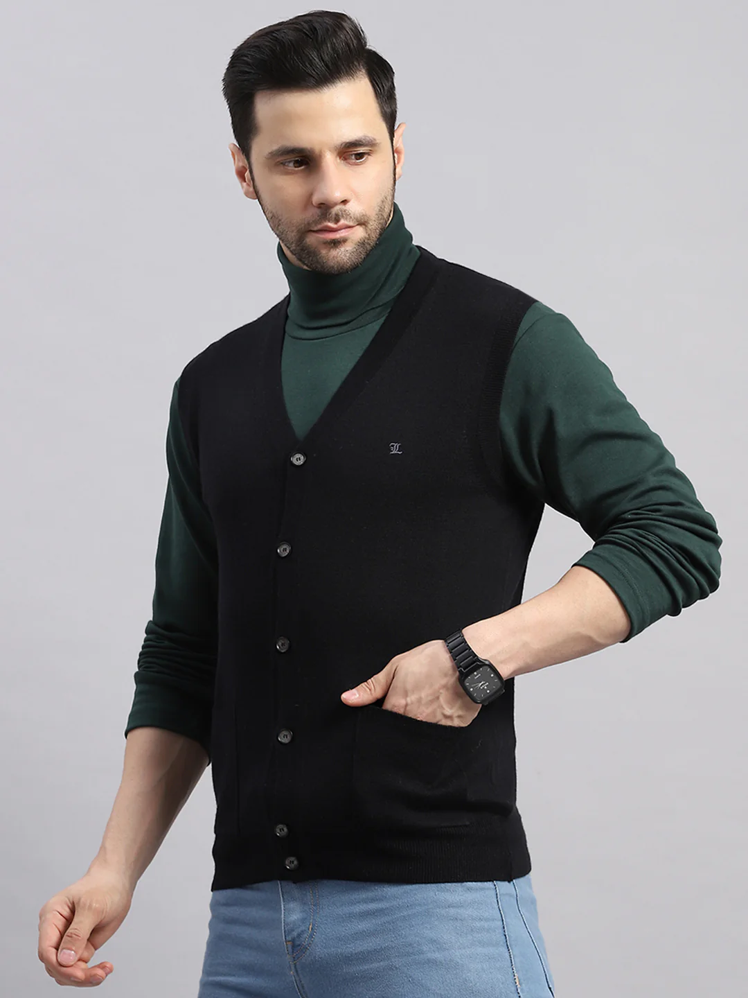 Luxuria Men Black Solid V Neck Sleeveless Cardigan - Image 3
