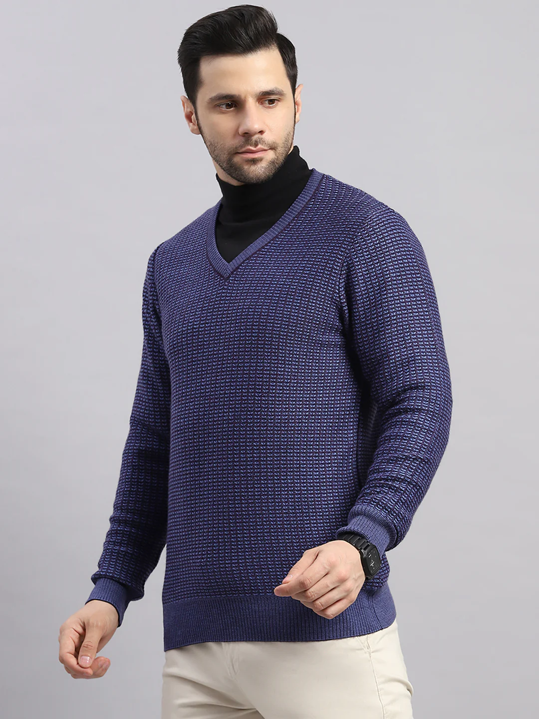 Luxuria Men Blue Printed V Neck Full Sleeve Pullover - Image 3