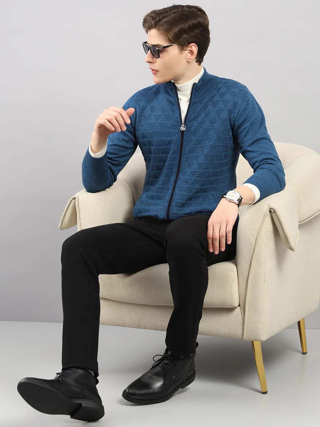 Luxuria Men Blue Self Design Round Neck Full Sleeve Pullover - Image 2