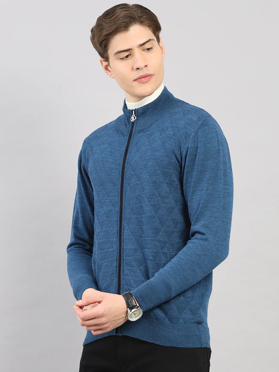 Luxuria Men Blue Self Design Round Neck Full Sleeve Pullover - Image 3