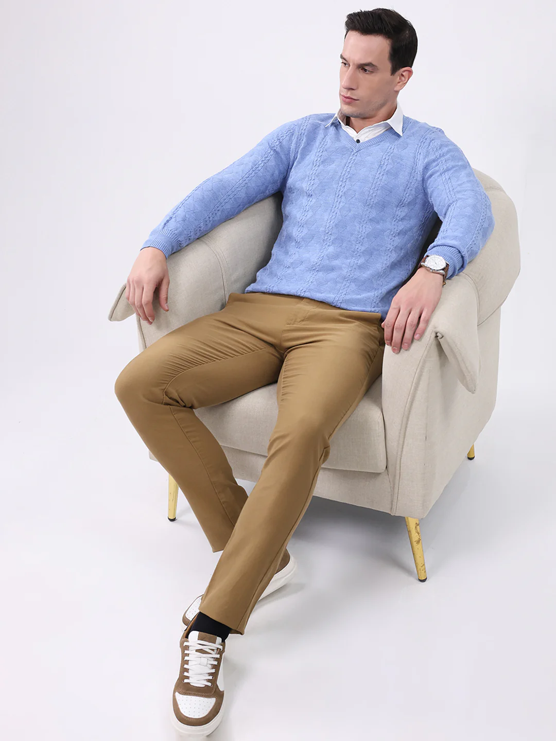 Luxuria Men Blue Self Design V Neck Full Sleeve Pullover - Image 2