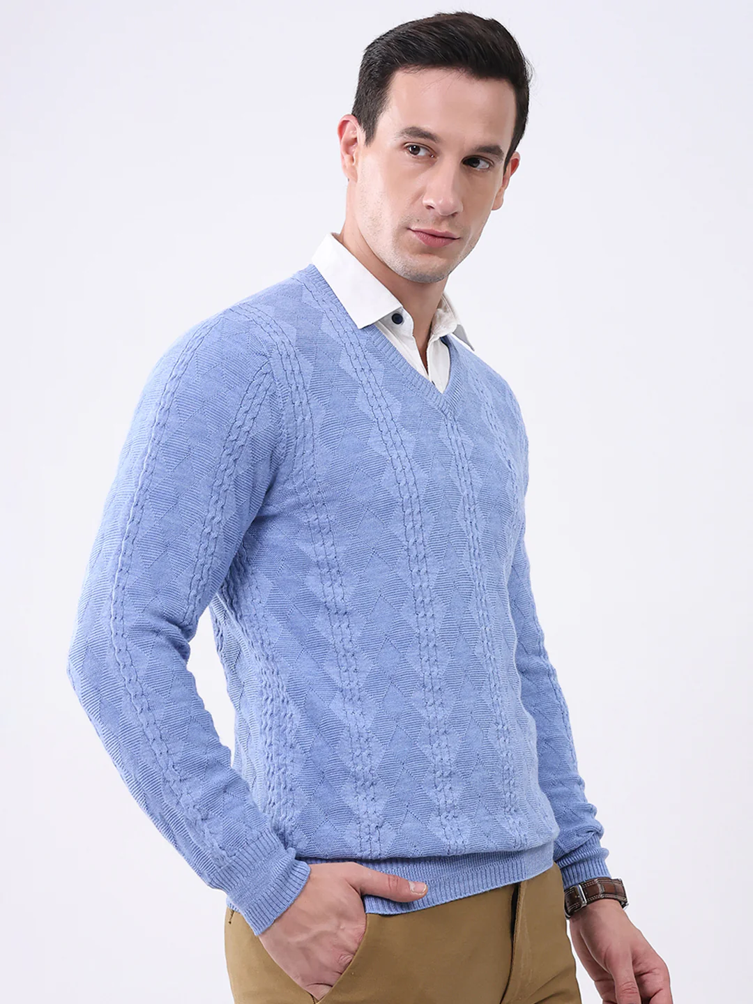 Luxuria Men Blue Self Design V Neck Full Sleeve Pullover - Image 4