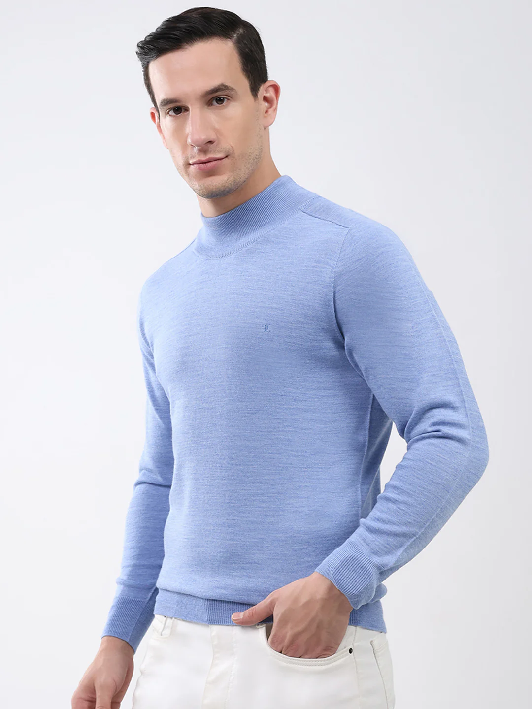 Luxuria Men Blue Solid Mock Neck Full Sleeve Pullover - Image 3