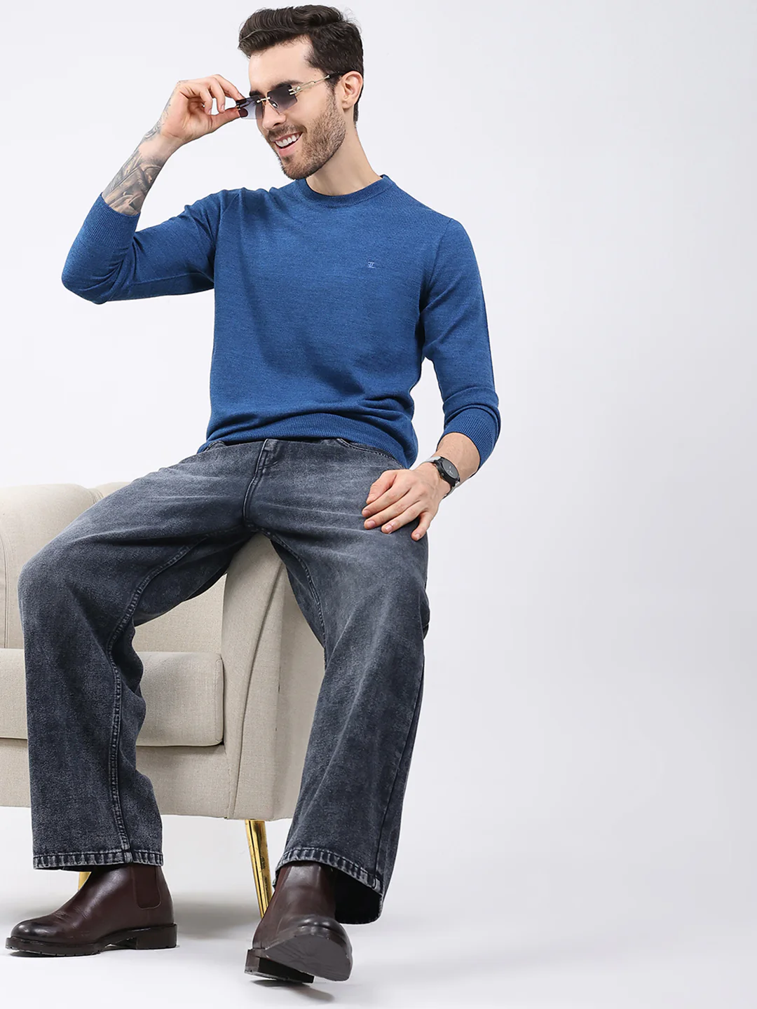 Luxuria Men Blue Solid Round Neck Full Sleeve Pullover - Image 2