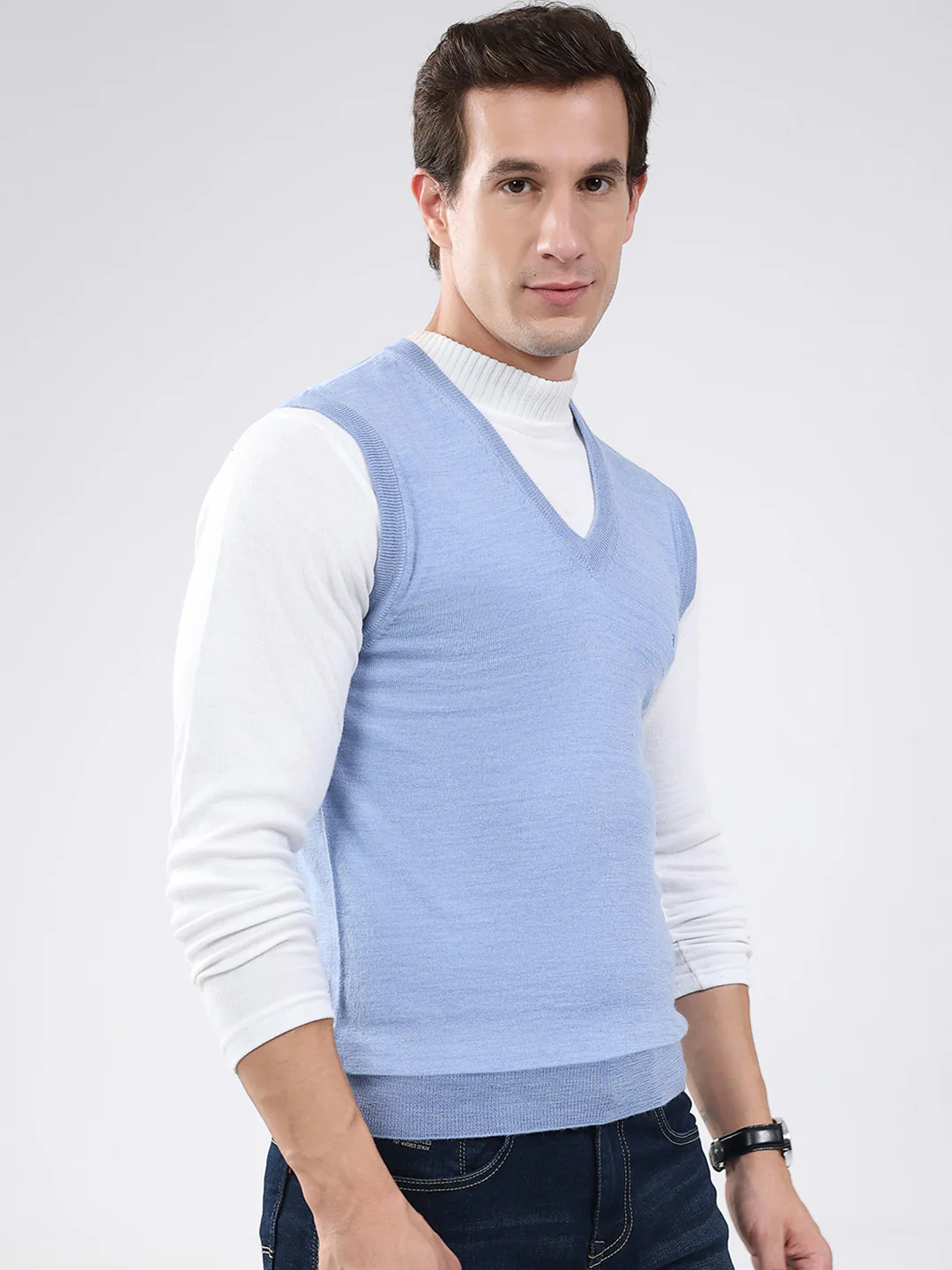 Luxuria Men Blue Solid V Neck Sleeveless Sweater - Image 4