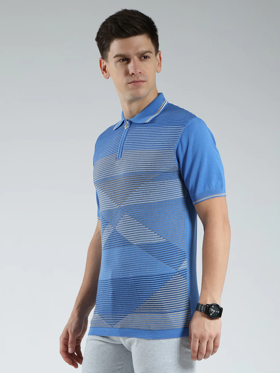 Luxuria Men Blue Stripe Collar Half Sleeve T-Shirt - Image 3