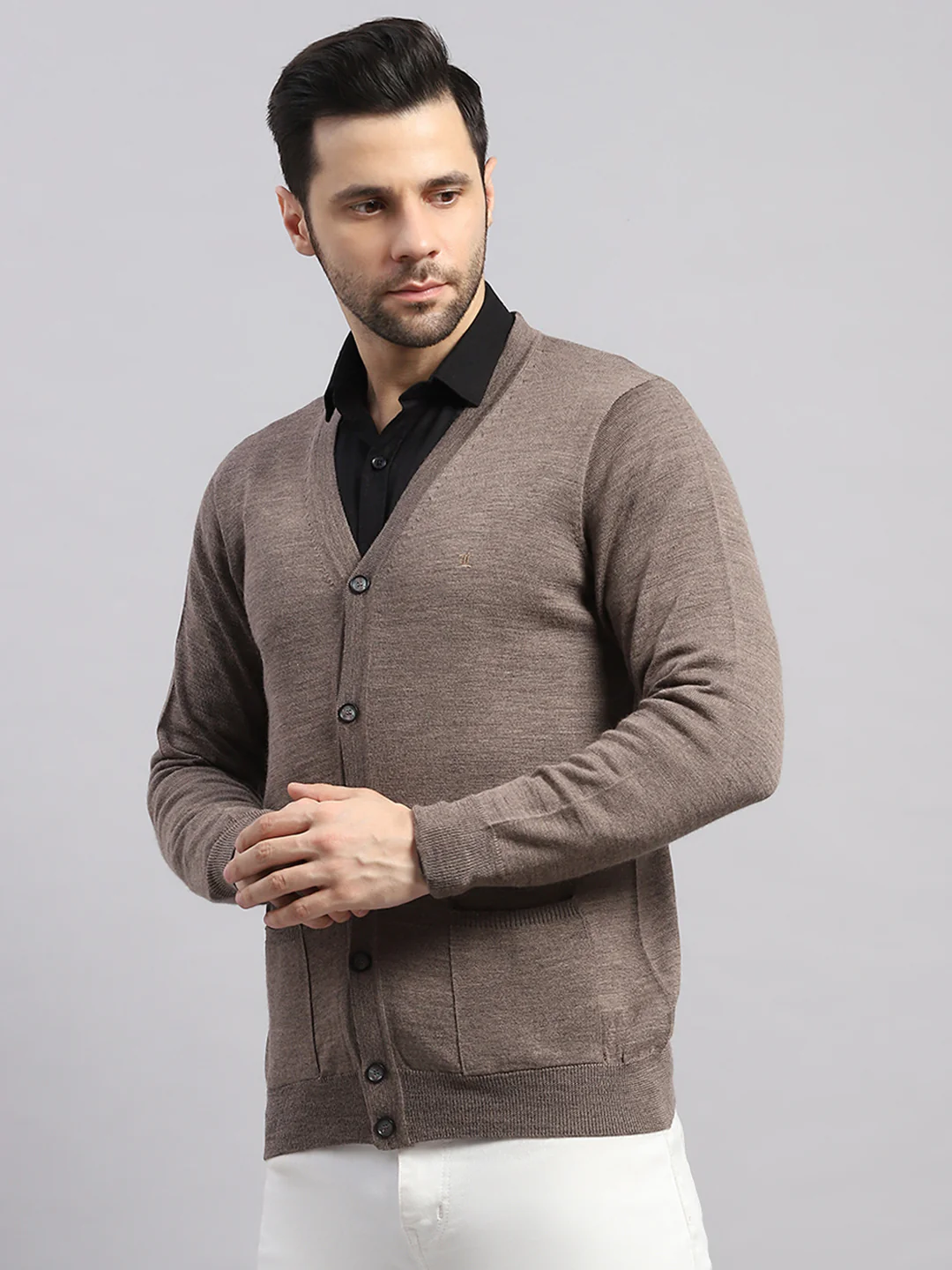 Luxuria Men Brown Solid V Neck Full Sleeve Cardigan - Image 3
