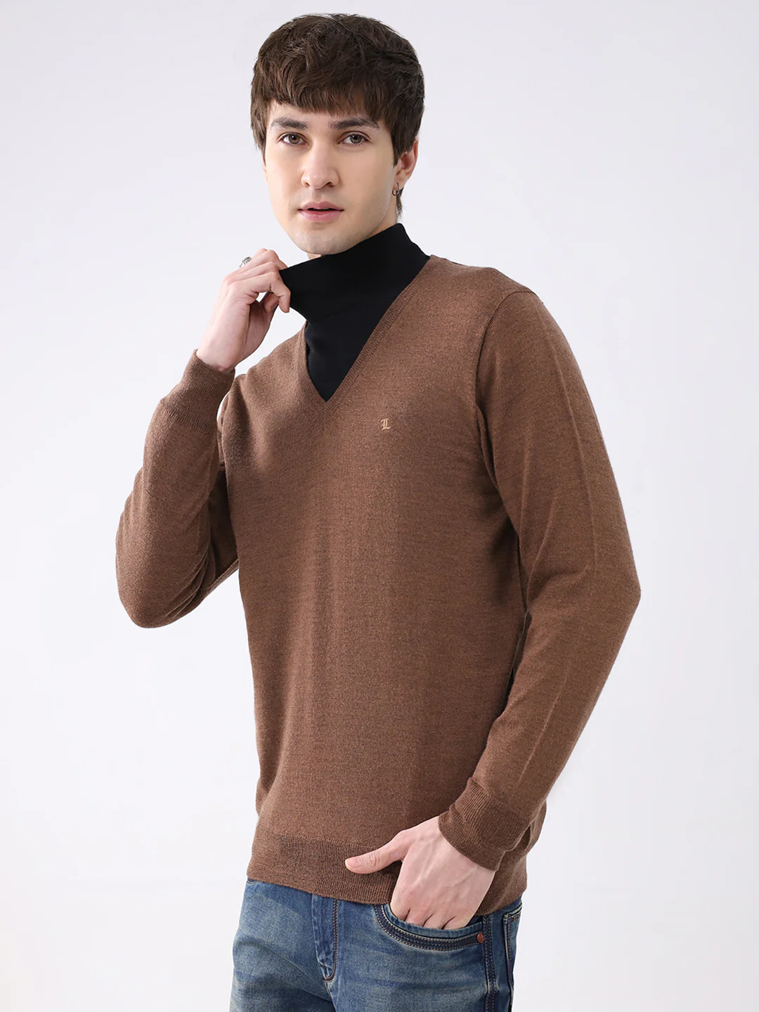 Luxuria Men Brown Solid V Neck Full Sleeve Pullover - Image 3