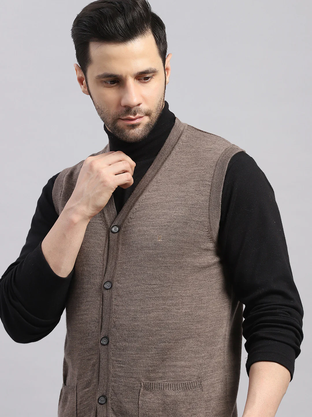 Luxuria Men Brown Solid V Neck Sleeveless Cardigan - Image 6
