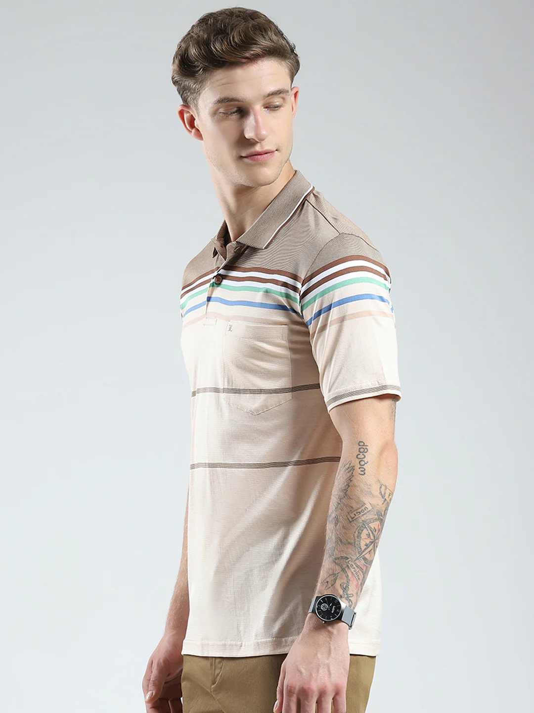 Luxuria Men Brown Stripe Collar Half Sleeve T-Shirt - Image 3