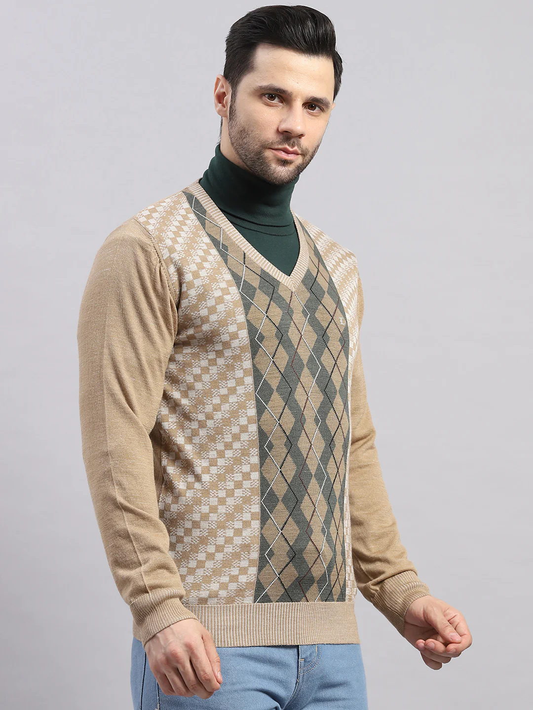 Luxuria Men Camel Brown Printed V Neck Full Sleeve Pullover - Image 4