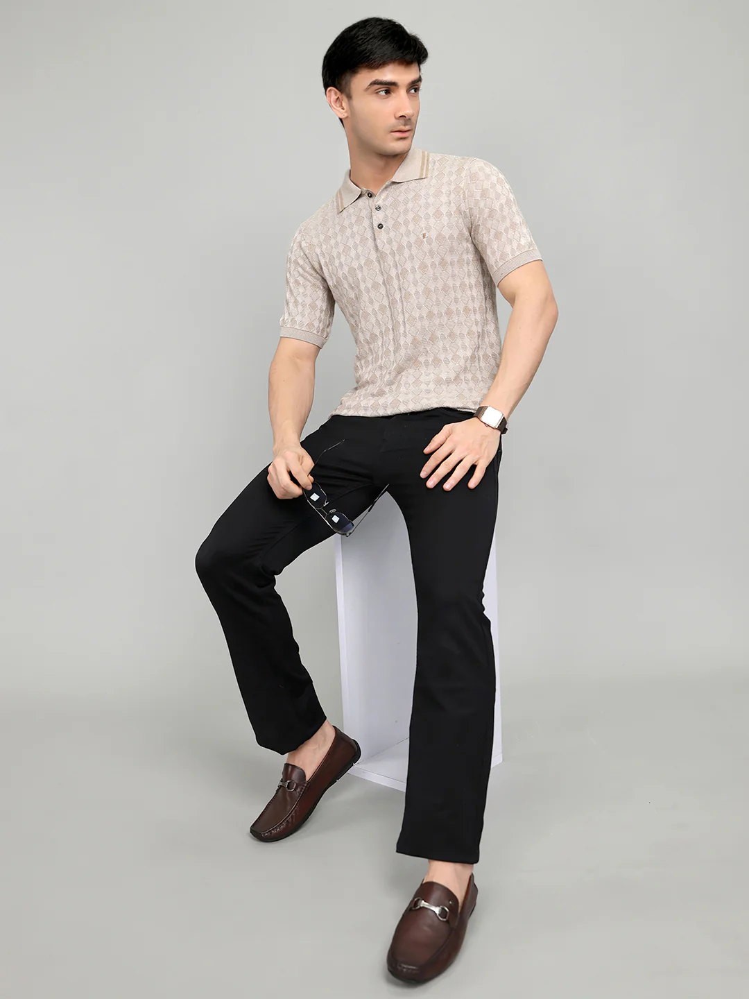 Luxuria Men Camel Brown Solid Collar Half Sleeve T-Shirt - Image 6