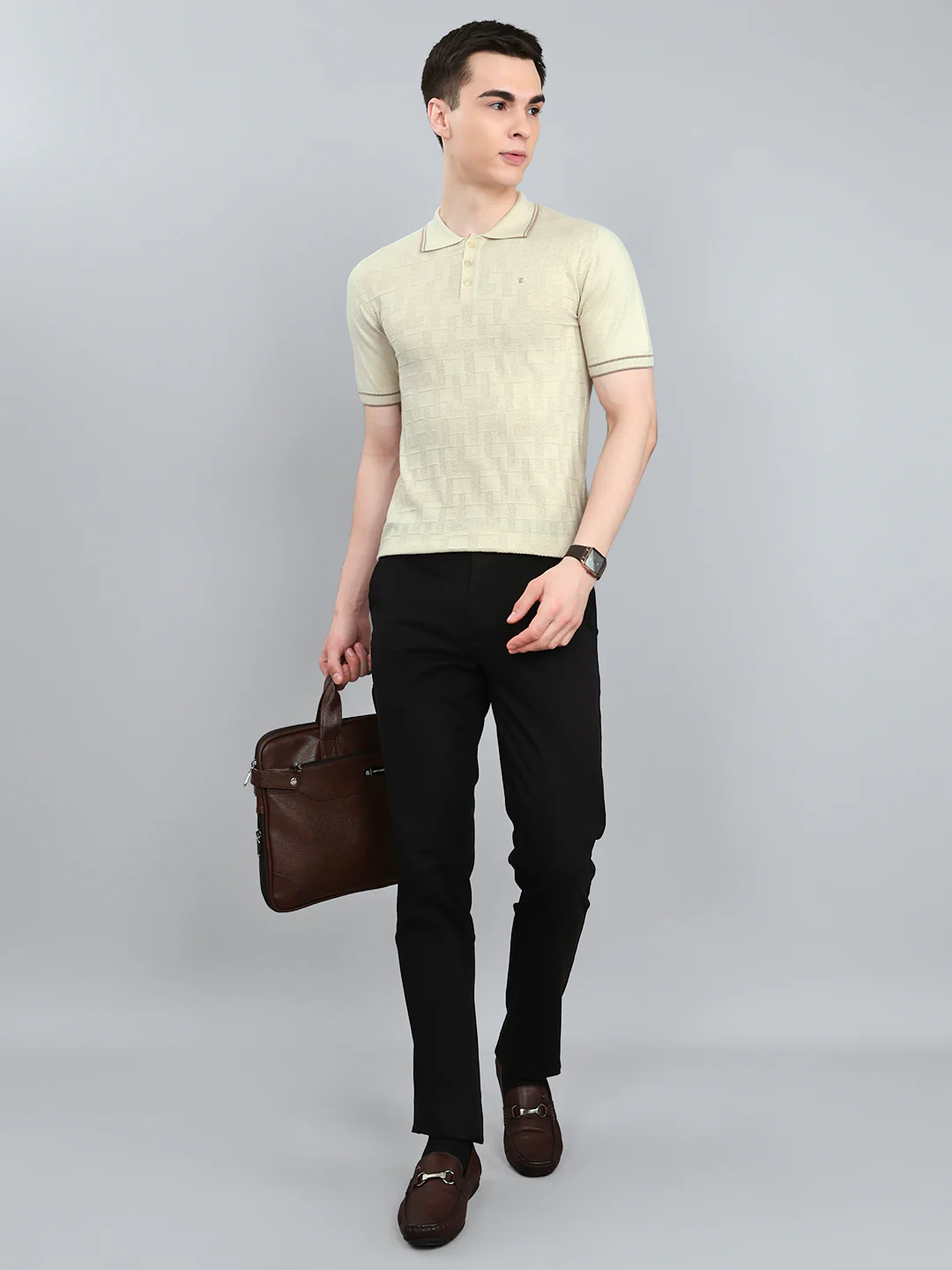 Luxuria Men Cream Self Design Collar Half Sleeve T-Shirt - Image 6