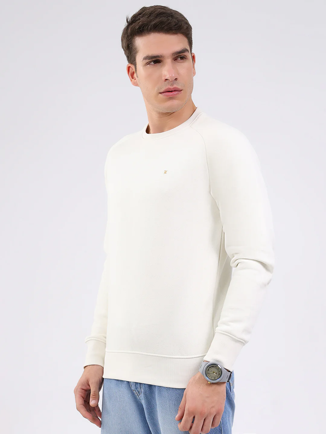 Luxuria Men Cream Solid Round Neck Full Sleeve Sweatshirt - Image 3