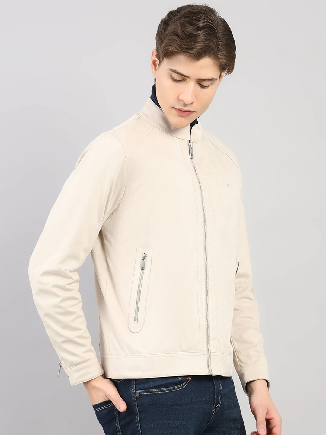 Luxuria Men Cream Solid Stand Collar Full Sleeve Jacket - Image 4