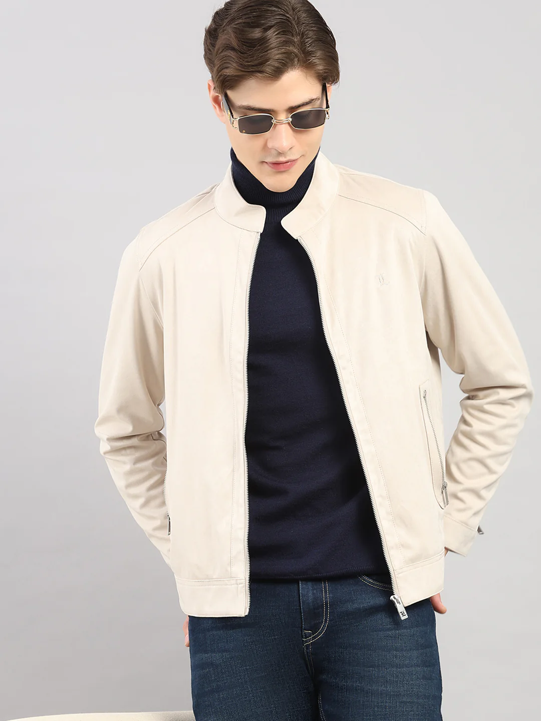 Luxuria Men Cream Solid Stand Collar Full Sleeve Jacket - Image 6