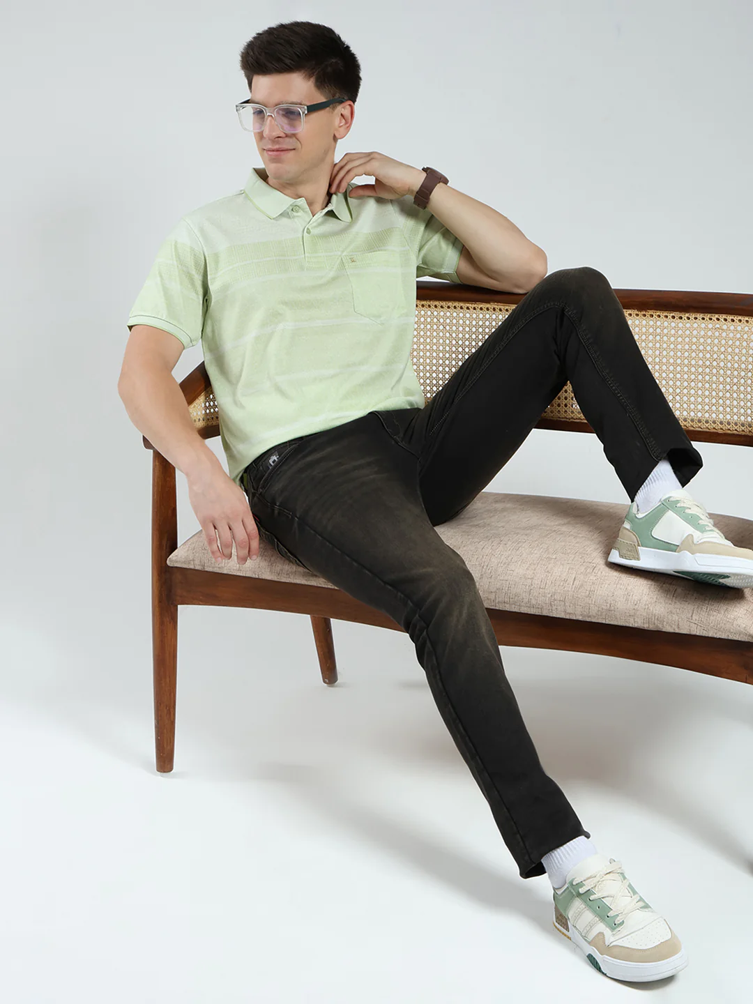 Luxuria Men Green Stripe Collar Half Sleeve T-Shirt - Image 2