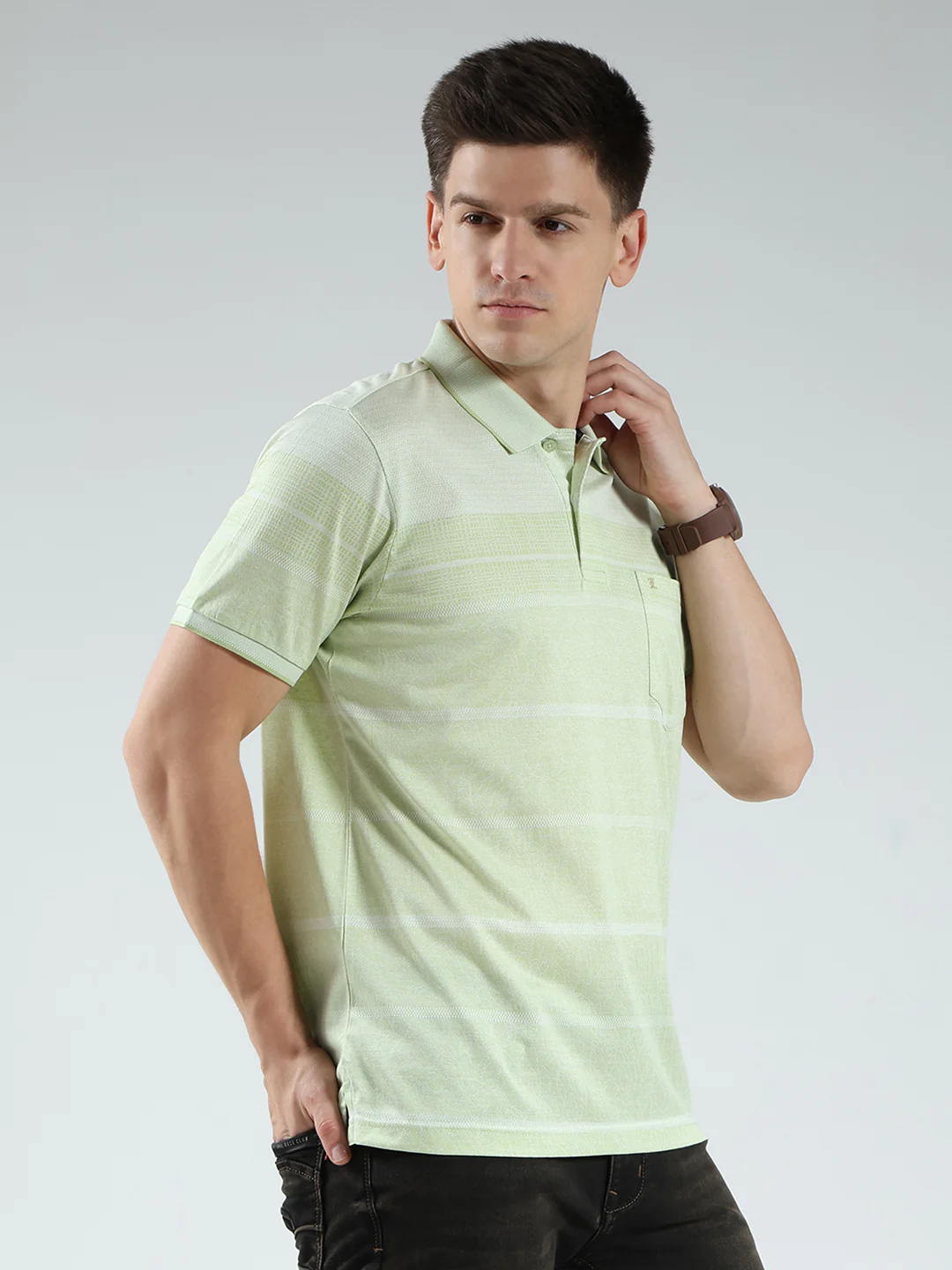 Luxuria Men Green Stripe Collar Half Sleeve T-Shirt - Image 4