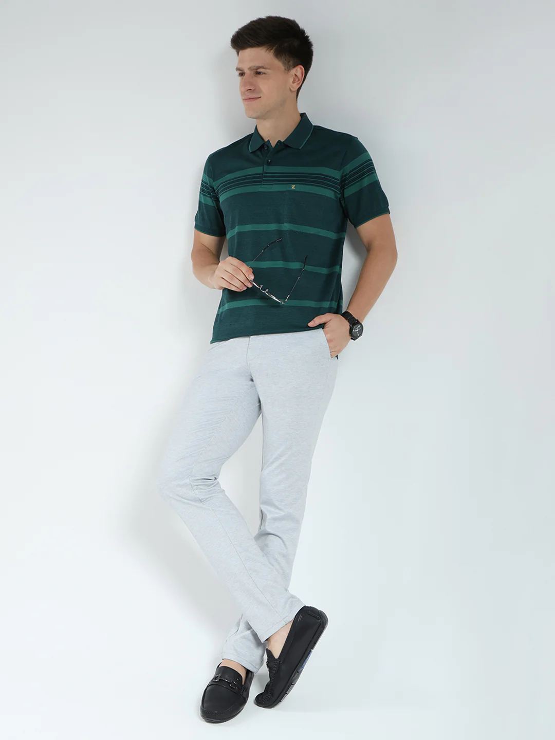Luxuria Men Green Stripe Collar Half Sleeve T-Shirt - Image 2