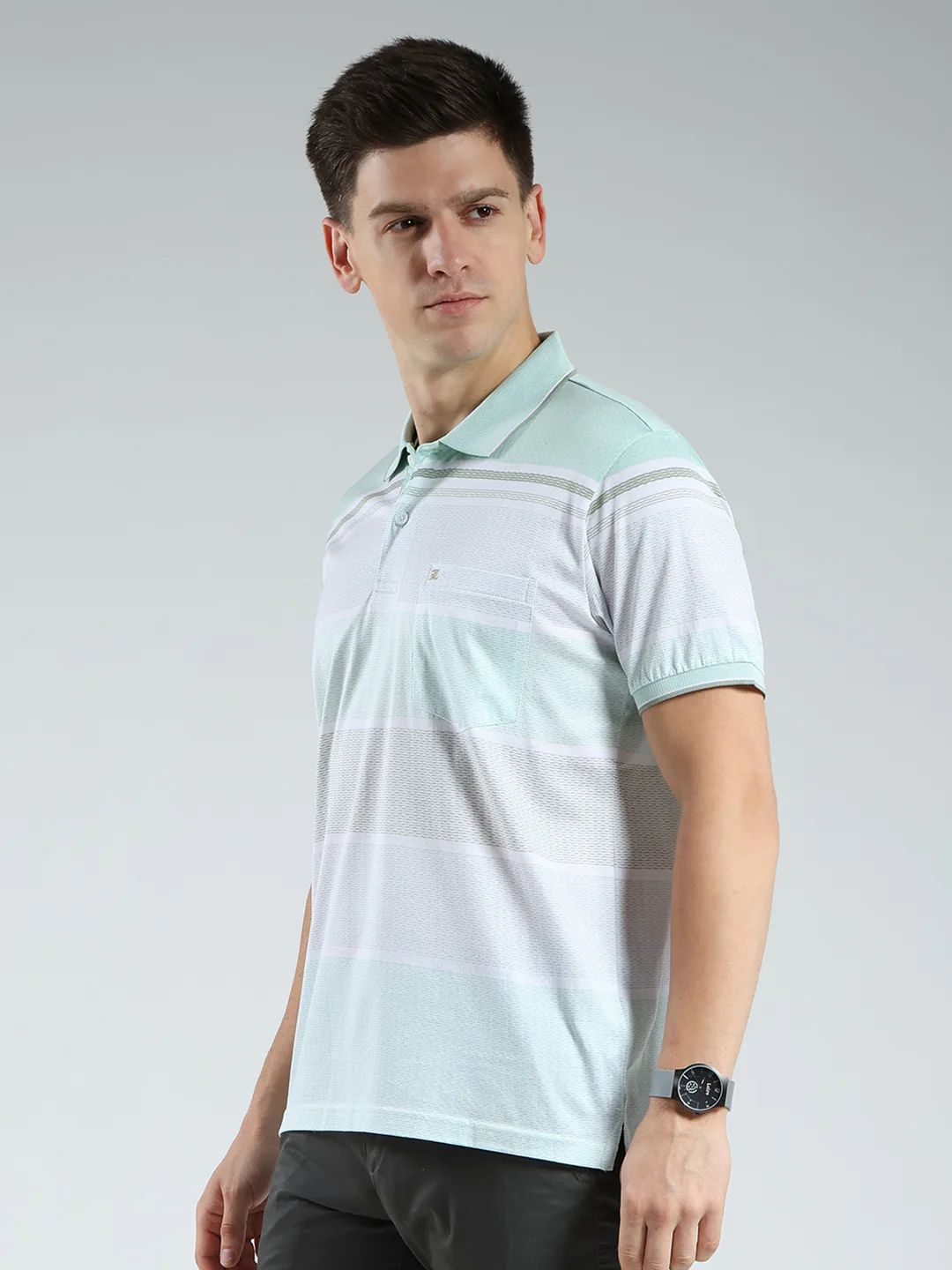 Luxuria Men Green Stripe Collar Half Sleeve T-Shirt - Image 3