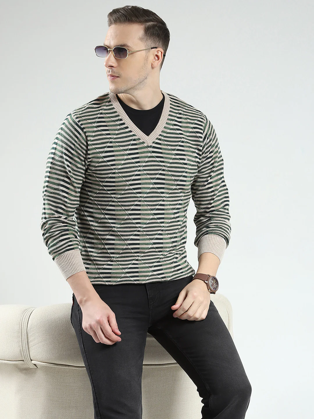 Luxuria Men Green Stripe V Neck Full Sleeve Pullover - Image 6
