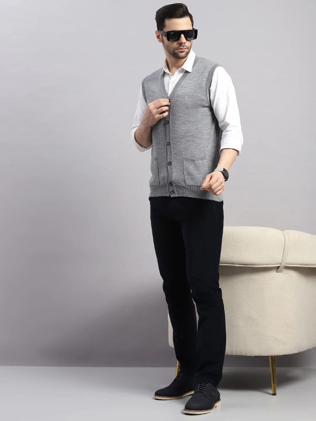 Luxuria Men Grey Melange Solid V Neck Sleeveless Cardigan - Image 2