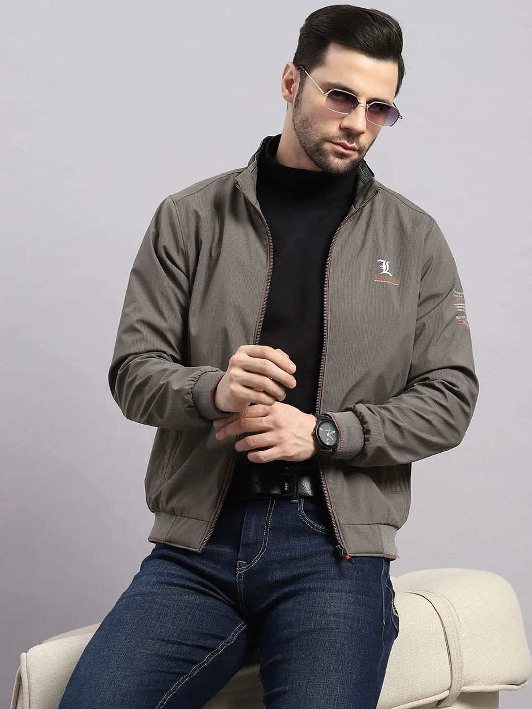 Luxuria Men Grey Solid Stand Collar Full Sleeve Jacket - Image 6