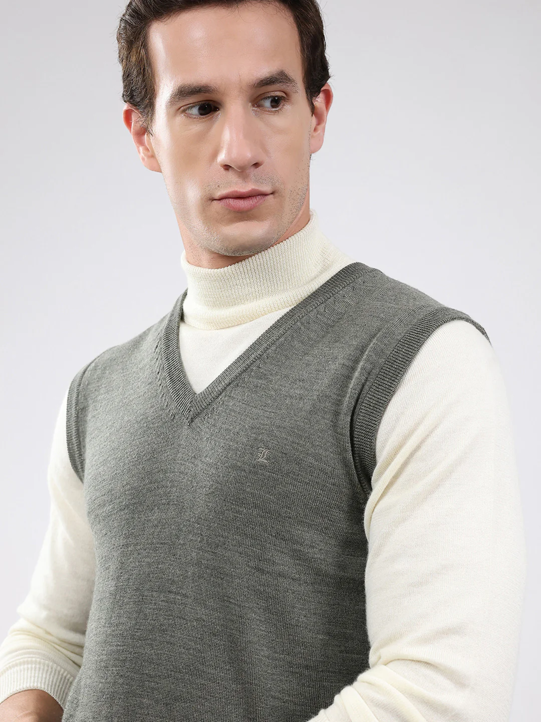 Luxuria Men Grey Solid V Neck Sleeveless Sweater - Image 8