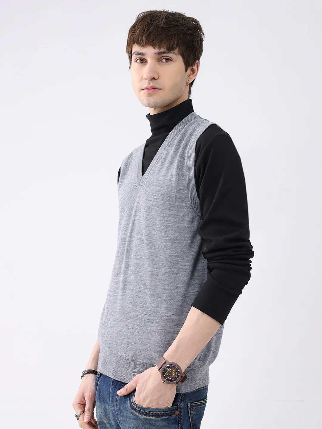 Luxuria Men Grey Solid V Neck Sleeveless Sweater - Image 3