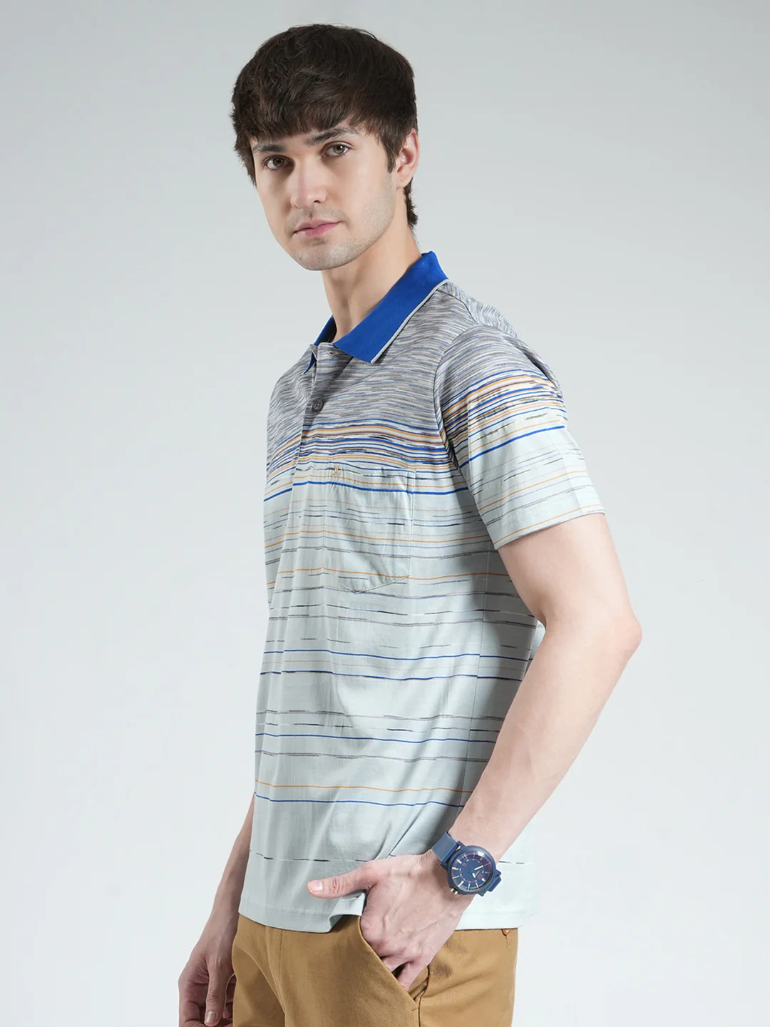 Luxuria Men Grey Stripe Collar Half Sleeve T-Shirt - Image 3