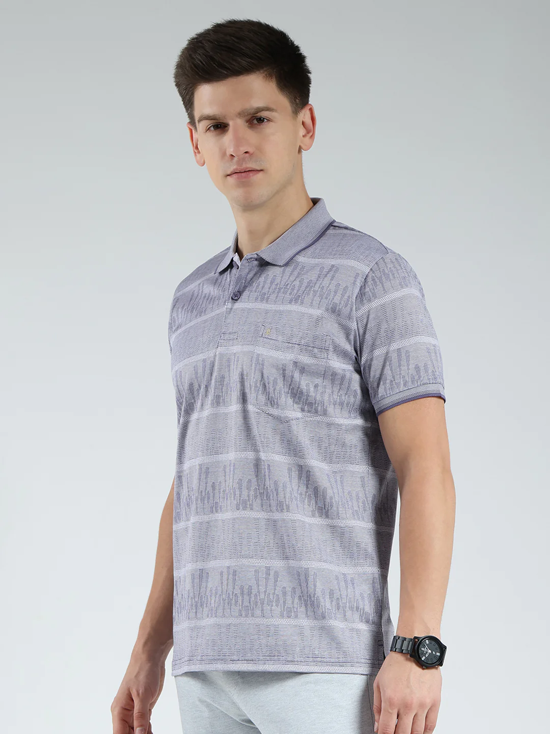 Luxuria Men Grey Stripe Collar Half Sleeve T-Shirt - Image 3