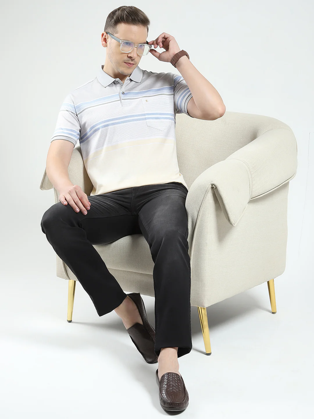 Luxuria Men Grey Stripe Collar Half Sleeve T-Shirt - Image 2