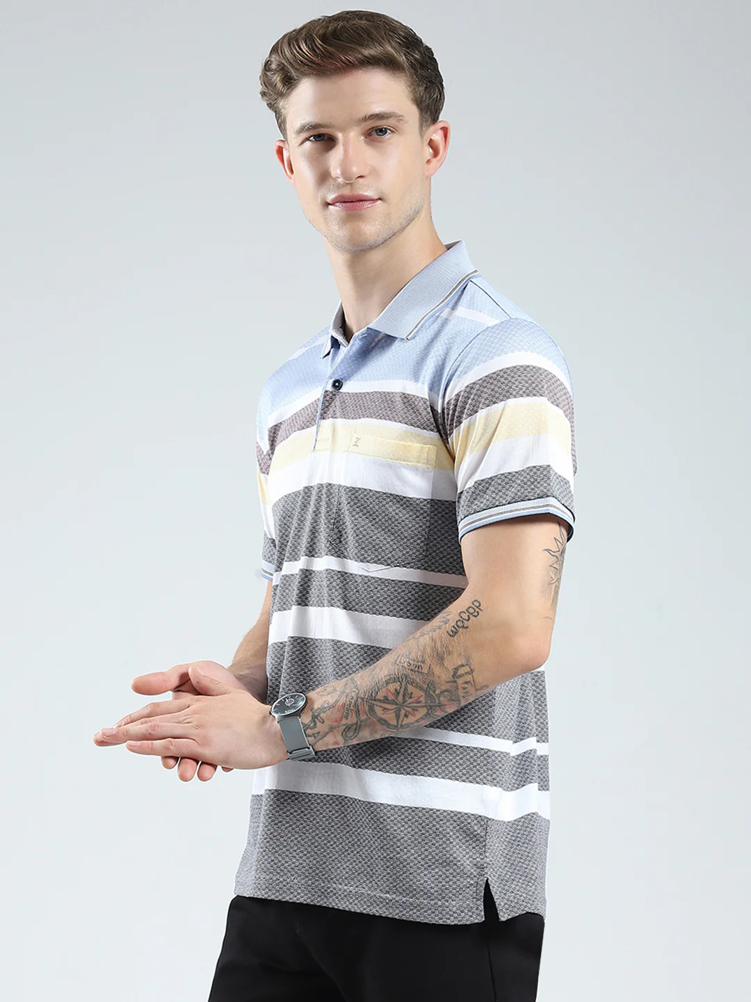 Luxuria Men Grey Stripe Collar Half Sleeve T-Shirt - Image 3