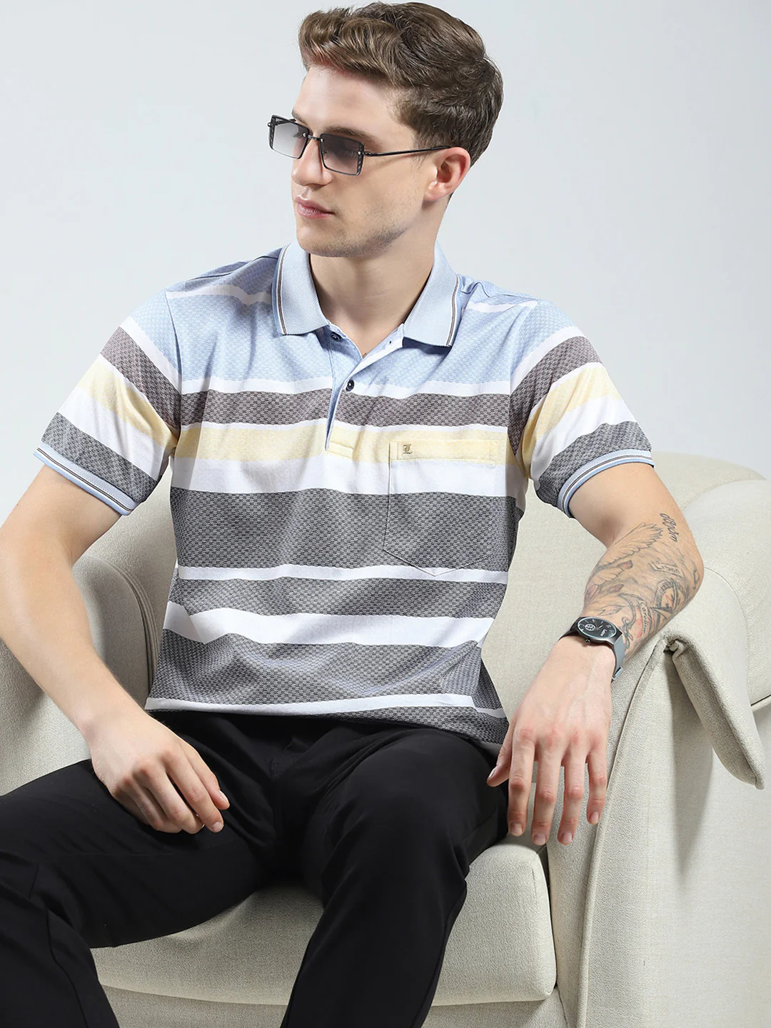 Luxuria Men Grey Stripe Collar Half Sleeve T-Shirt - Image 6