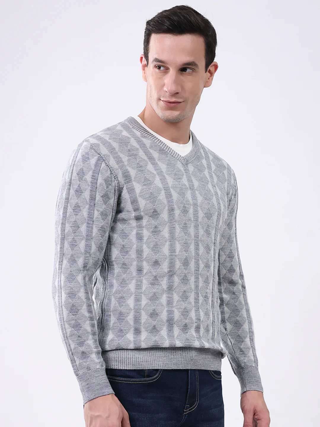 Luxuria Men Grey Stripe V Neck Full Sleeve Pullover - Image 4