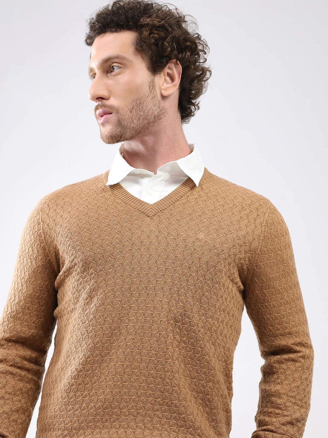 Luxuria Men Khaki Self Design V Neck Full Sleeve Pullover - Image 6