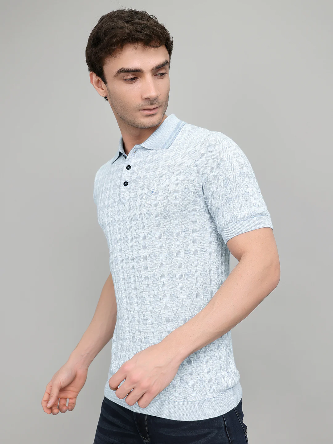 Luxuria Men Light Blue Jacquard Collar Half Sleeve T-Shirt - Image 2